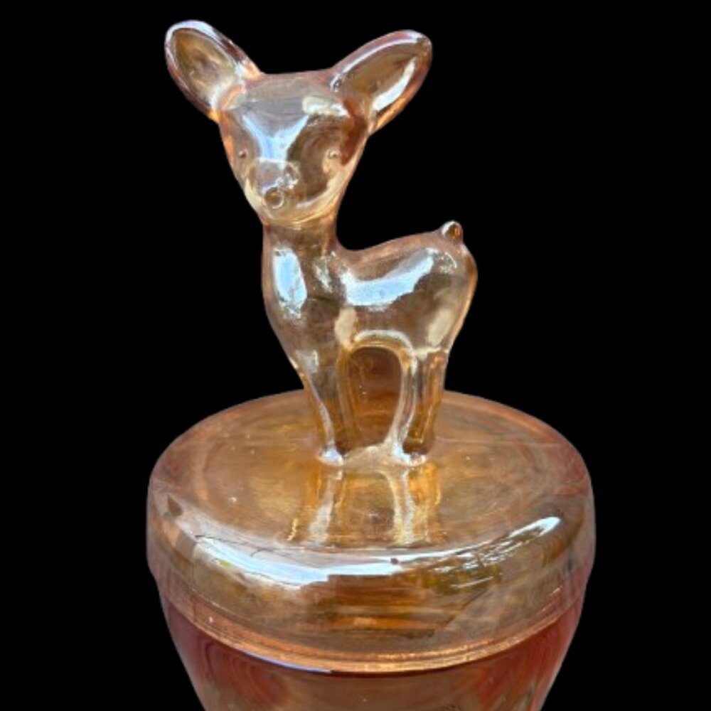 Vintage Jeannette Marigold Glass Vanity Powder Jar with Deer